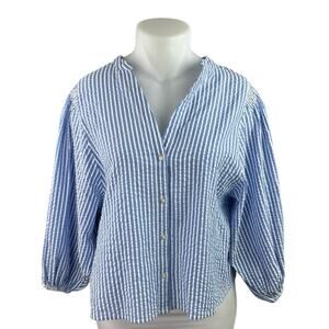 Lindex Blue White Striped Long Balloon Sleeve Button Up Shirt Blouse Top Size XL